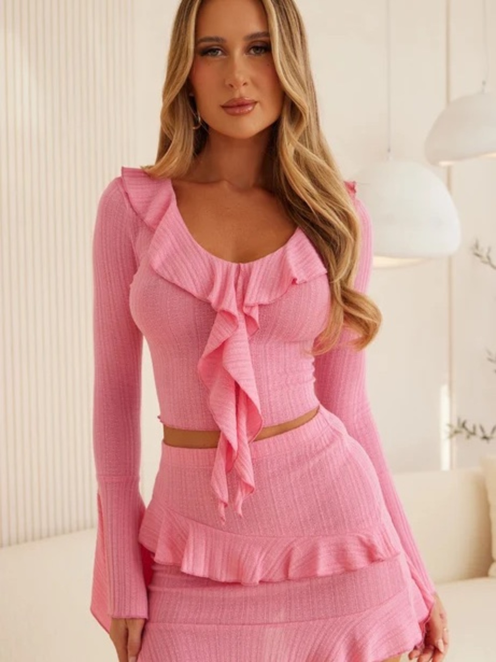 Fashion Nova Pink Ruffle Knit Skirt Set